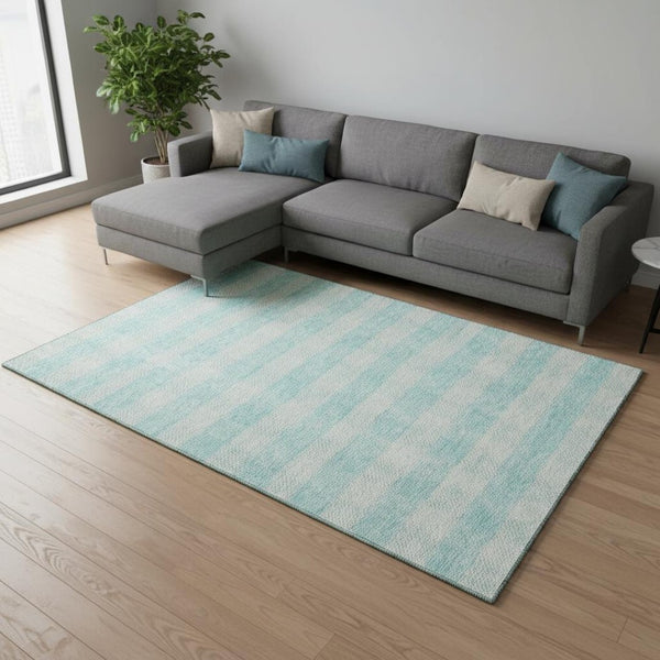 HomeRoots 10' Aqua and Ivory Plaid Washable Area Rug – UV Protected, Stain Resistant, Perfect for Family Spaces! 673435