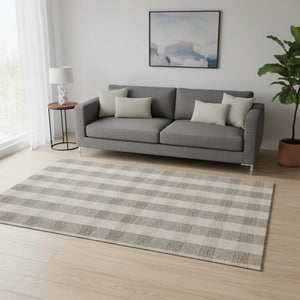 HomeRoots 5' X 8' Beige and Ivory Plaid Washable Area Rug – Stain Resistant, UV Protected for Busy Homes 673437