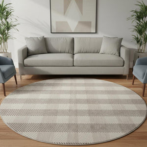 HomeRoots 8' Beige and Ivory Plaid Washable Round Area Rug with UV Protection for Busy Households & Pets 673438