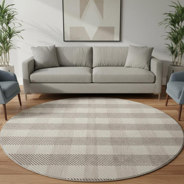 HomeRoots 8' Beige and Ivory Plaid Washable Round Area Rug with UV Protection for Busy Households & Pets 673438