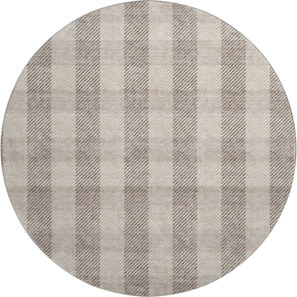 HomeRoots 8' Beige and Ivory Plaid Washable Round Area Rug with UV Protection for Busy Households & Pets 673438