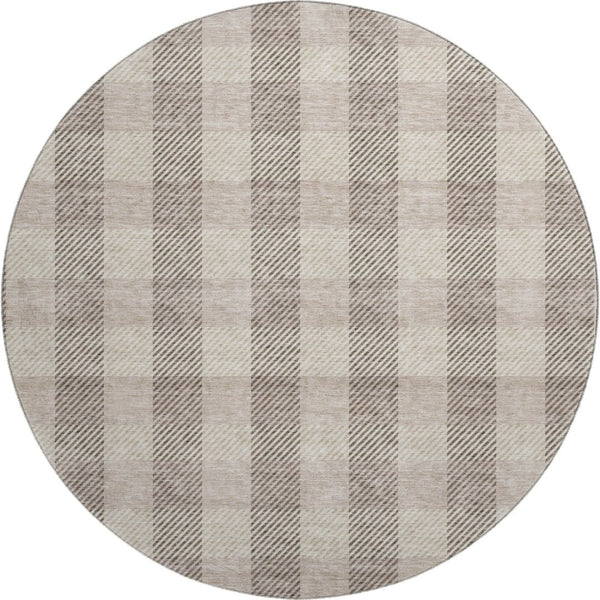 HomeRoots 8' Beige and Ivory Plaid Washable Round Area Rug with UV Protection for Busy Households & Pets 673438