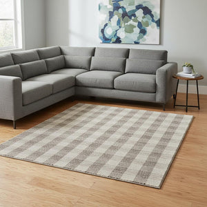 HomeRoots 8' X 10' Washable Beige & Ivory Plaid Area Rug with UV Protection - Durable, Stylish, Easy Care! 673439