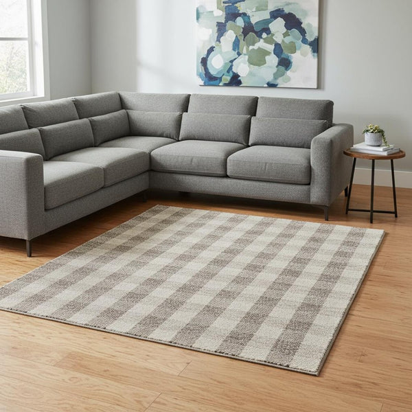 HomeRoots 8' X 10' Washable Beige & Ivory Plaid Area Rug with UV Protection - Durable, Stylish, Easy Care! 673439
