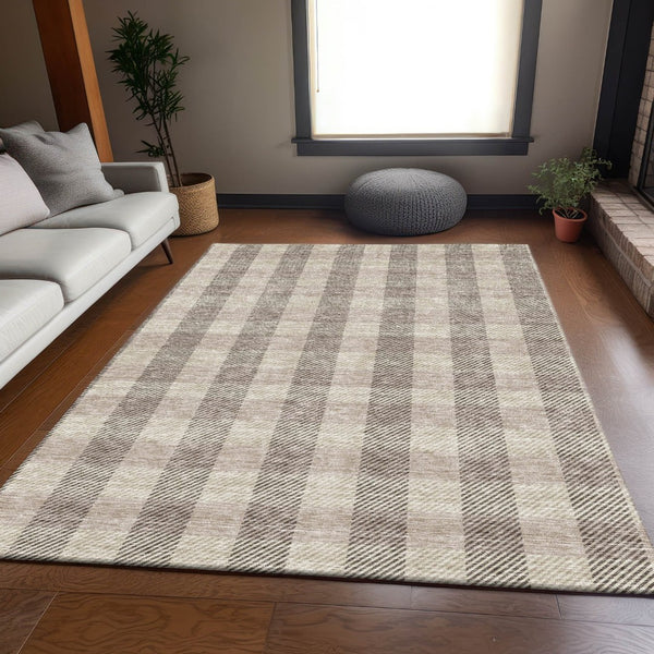 HomeRoots 8' X 10' Washable Beige & Ivory Plaid Area Rug with UV Protection - Durable, Stylish, Easy Care! 673439