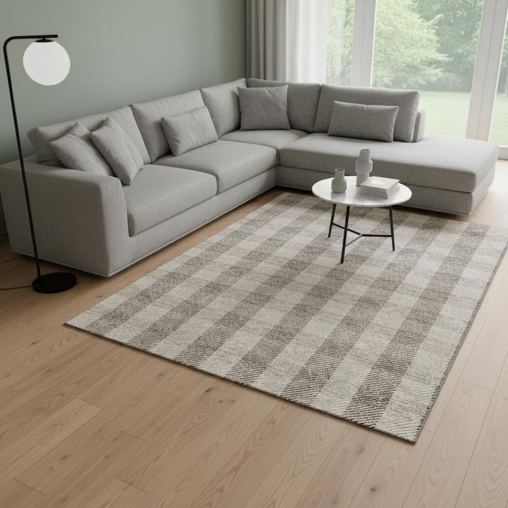 HomeRoots 9' X 12' Beige and Ivory Plaid Area Rug - Durable, Washable, UV-Protected for High-Traffic Spaces! 673440