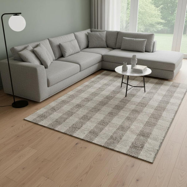 HomeRoots 9' X 12' Beige and Ivory Plaid Area Rug - Durable, Washable, UV-Protected for High-Traffic Spaces! 673440