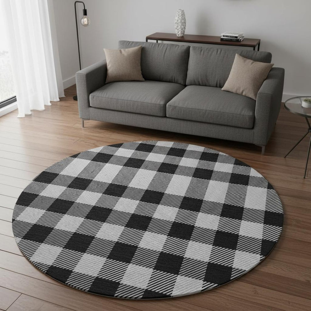 HomeRoots 8' Black And Ivory Plaid Round Rug – Durable, Washable, UV-Protected, Perfect for High-Traffic Spaces! 673444