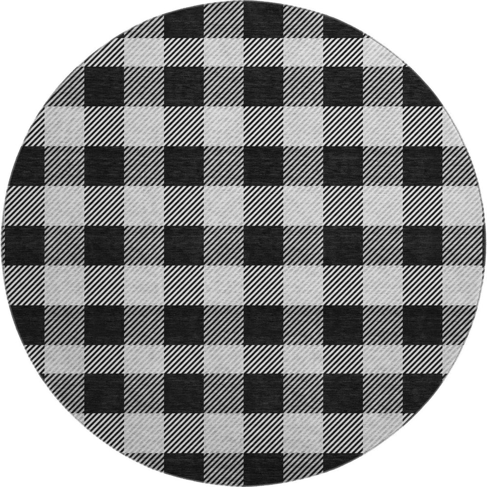 HomeRoots 8' Black And Ivory Plaid Round Rug – Durable, Washable, UV-Protected, Perfect for High-Traffic Spaces! 673444