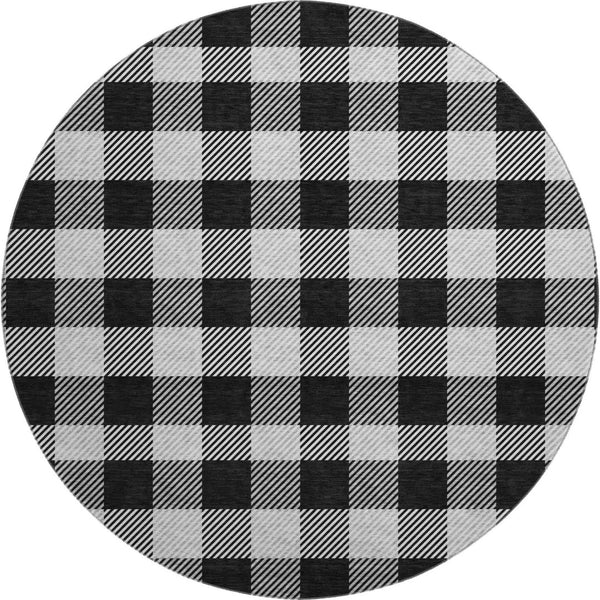 HomeRoots 8' Black And Ivory Plaid Round Rug – Durable, Washable, UV-Protected, Perfect for High-Traffic Spaces! 673444