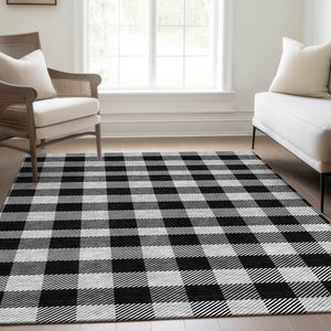 HomeRoots 9' X 12' Black And Ivory Plaid Washable Area Rug - Stain Resistant, UV Protected, Stylish & Durable! 673446