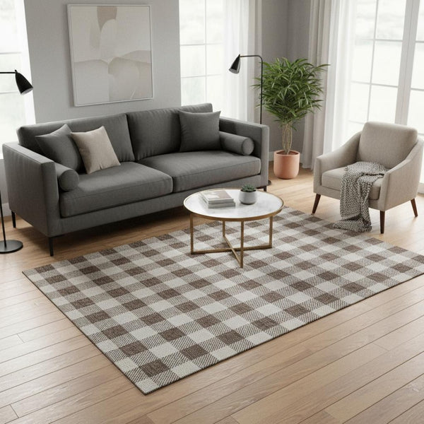 HomeRoots 5' X 8' Brown and Beige Plaid Washable Area Rug with UV Protection - Stylish, Durable, and Easy Care! 673449