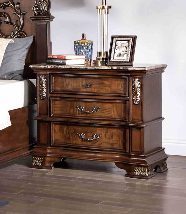 English Elm Traditional Marble Top Nightstand with Dovetail Drawers Cedar Lining Cherry Finish Brown B2741P436974