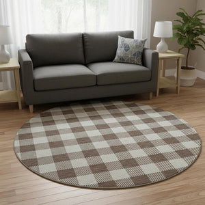 HomeRoots 8' Durable Brown and Beige Plaid Round Rug with UV Protection – Stain-Resistant, Easy-Care Design! 673450