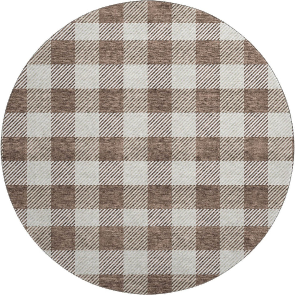 HomeRoots 8' Durable Brown and Beige Plaid Round Rug with UV Protection – Stain-Resistant, Easy-Care Design! 673450