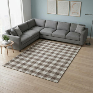 HomeRoots 8' X 10' Brown And Beige Plaid Area Rug - Durable, Washable, UV-Protected for High-Traffic Spaces 673451