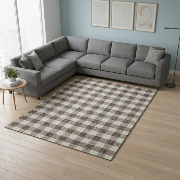 HomeRoots 8' X 10' Brown And Beige Plaid Area Rug - Durable, Washable, UV-Protected for High-Traffic Spaces 673451