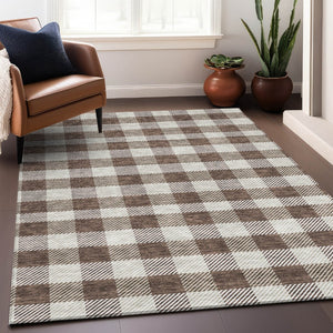 HomeRoots 8' X 10' Brown And Beige Plaid Area Rug - Durable, Washable, UV-Protected for High-Traffic Spaces 673451