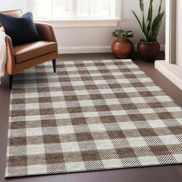 HomeRoots 8' X 10' Brown And Beige Plaid Area Rug - Durable, Washable, UV-Protected for High-Traffic Spaces 673451