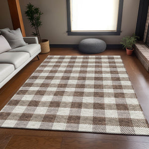 HomeRoots 8' X 10' Brown And Beige Plaid Area Rug - Durable, Washable, UV-Protected for High-Traffic Spaces 673451