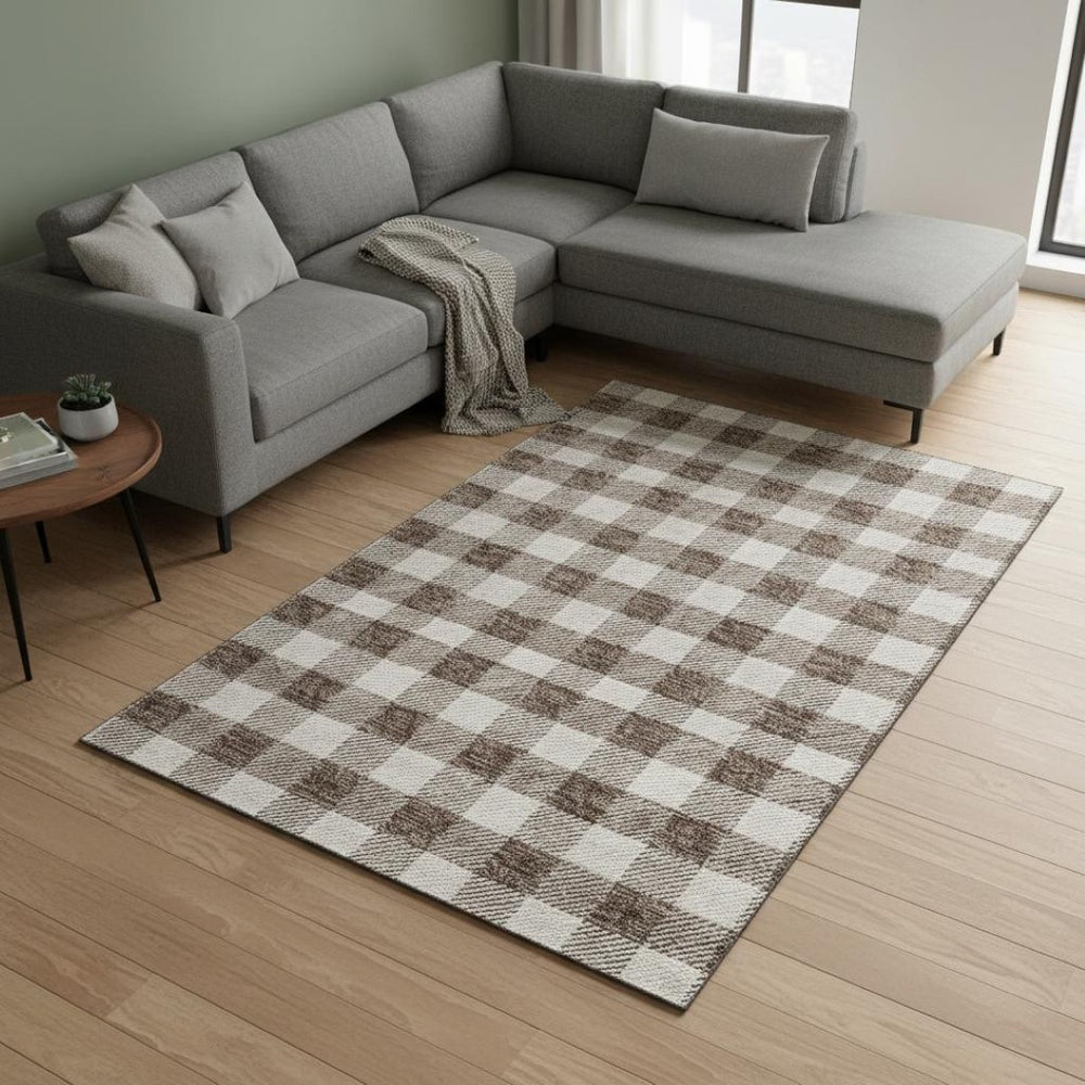 HomeRoots 9' X 12' Brown and Beige Plaid Washable Area Rug - Durable, UV Resistant, Perfect for Family Homes! 673452