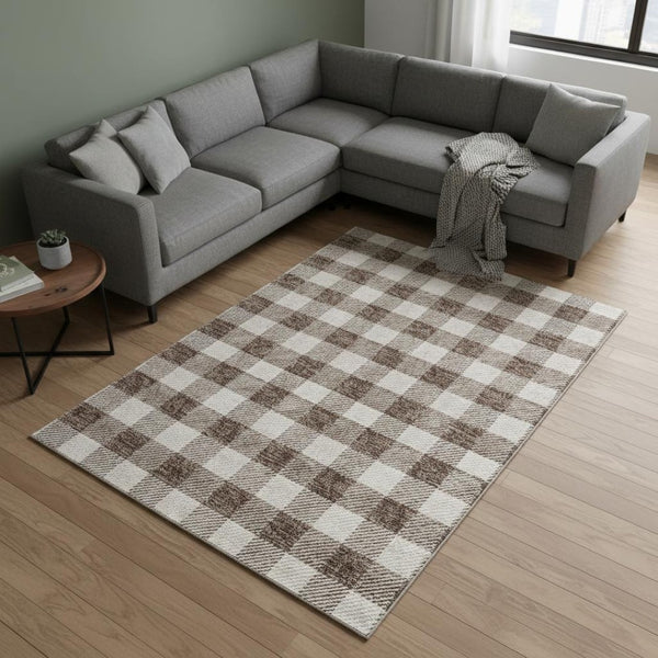 HomeRoots 10' Brown and Beige Plaid Area Rug - Washable, UV Protected, Durable, Perfect for Family Spaces! 673453