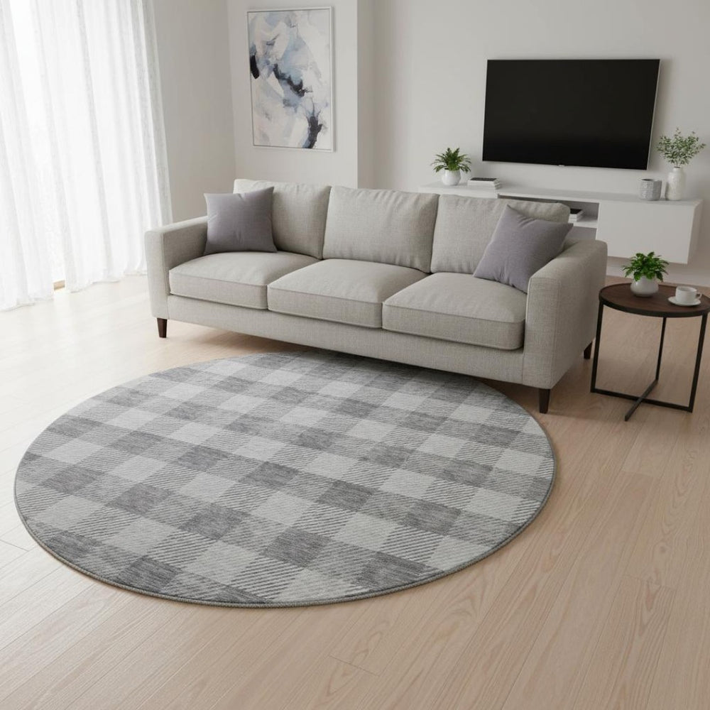 HomeRoots 8' Gray and Ivory Plaid Washable Round Rug – Durable, UV-Protected, Perfect for Family Rooms & Patios 673456