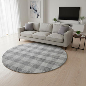 HomeRoots 8' Gray and Ivory Plaid Washable Round Rug – Durable, UV-Protected, Perfect for Family Rooms & Patios 673456