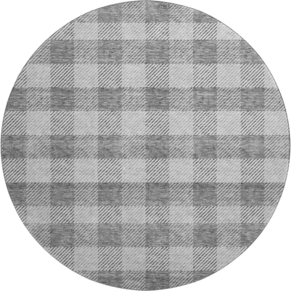 HomeRoots 8' Gray and Ivory Plaid Washable Round Rug – Durable, UV-Protected, Perfect for Family Rooms & Patios 673456
