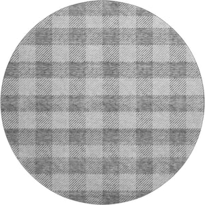 HomeRoots 8' Gray and Ivory Plaid Washable Round Rug – Durable, UV-Protected, Perfect for Family Rooms & Patios 673456