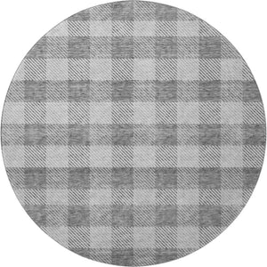 HomeRoots 8' Gray and Ivory Plaid Washable Round Rug – Durable, UV-Protected, Perfect for Family Rooms & Patios 673456