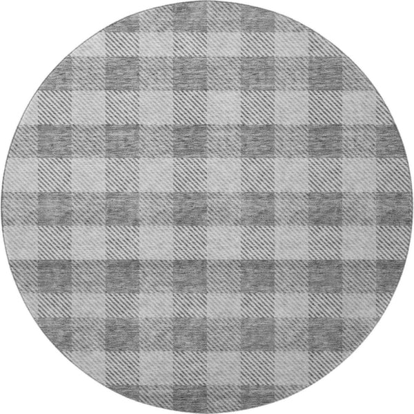 HomeRoots 8' Gray and Ivory Plaid Washable Round Rug – Durable, UV-Protected, Perfect for Family Rooms & Patios 673456