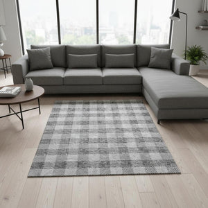 HomeRoots 8' X 10' Gray and Ivory Plaid Washable Area Rug - Durable, Stain-Resistant, UV Protected for All Spaces 673457