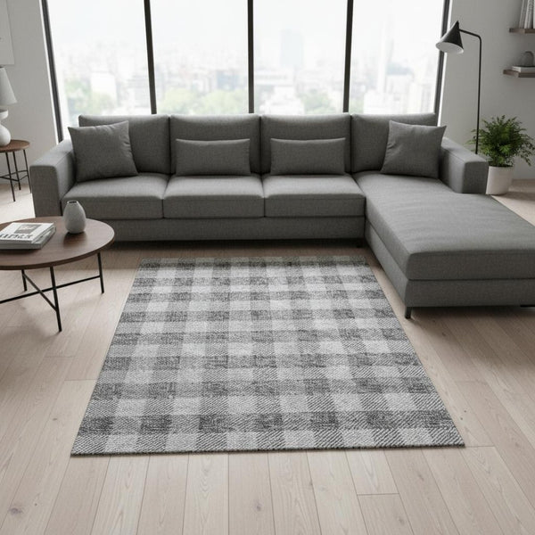 HomeRoots 8' X 10' Gray and Ivory Plaid Washable Area Rug - Durable, Stain-Resistant, UV Protected for All Spaces 673457