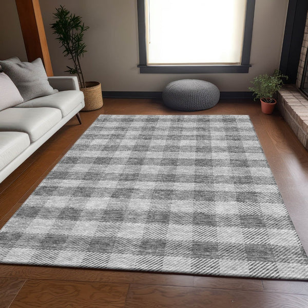 HomeRoots 8' X 10' Gray and Ivory Plaid Washable Area Rug - Durable, Stain-Resistant, UV Protected for All Spaces 673457