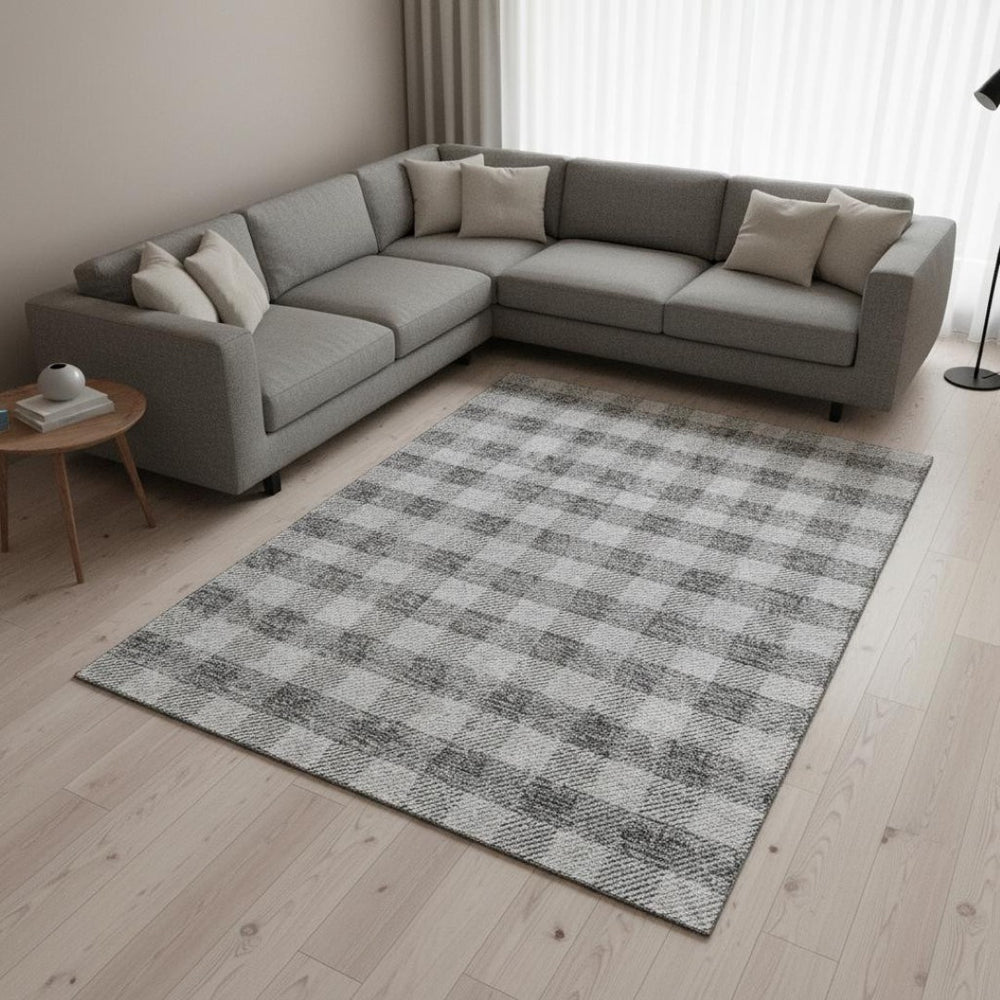 HomeRoots 9' X 12' Gray and Ivory Plaid Area Rug – Washable, Stain-Resistant, UV-Protected for Stylish Living Spaces 673458