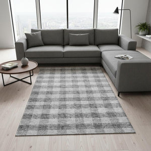 HomeRoots 10' Gray and Ivory Plaid Washable Area Rug - Durable, UV Protected, Perfect for Family and Pets! 673459
