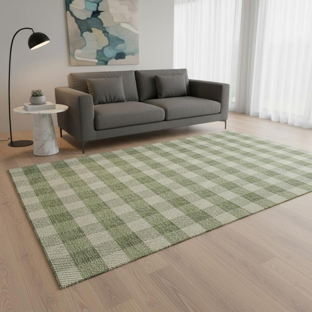 HomeRoots 5' X 8' Stylish Green and Ivory Plaid Washable Area Rug with UV Protection for Family Spaces 673461