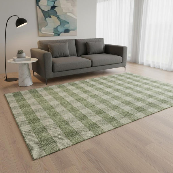 HomeRoots 5' X 8' Stylish Green and Ivory Plaid Washable Area Rug with UV Protection for Family Spaces 673461