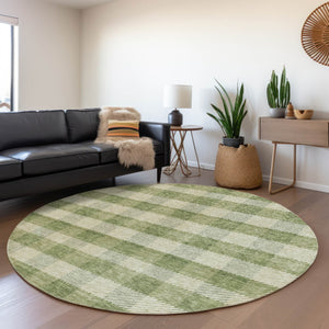 HomeRoots 8' Green And Ivory Plaid Round Rug – Washable, UV-Protected, Stain-Resistant for Family Living Spaces 673462