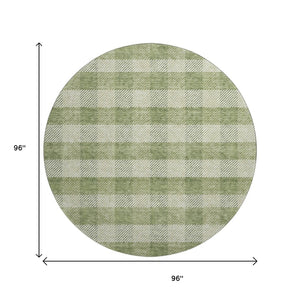 HomeRoots 8' Green And Ivory Plaid Round Rug – Washable, UV-Protected, Stain-Resistant for Family Living Spaces 673462