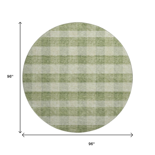 HomeRoots 8' Green And Ivory Plaid Round Rug – Washable, UV-Protected, Stain-Resistant for Family Living Spaces 673462