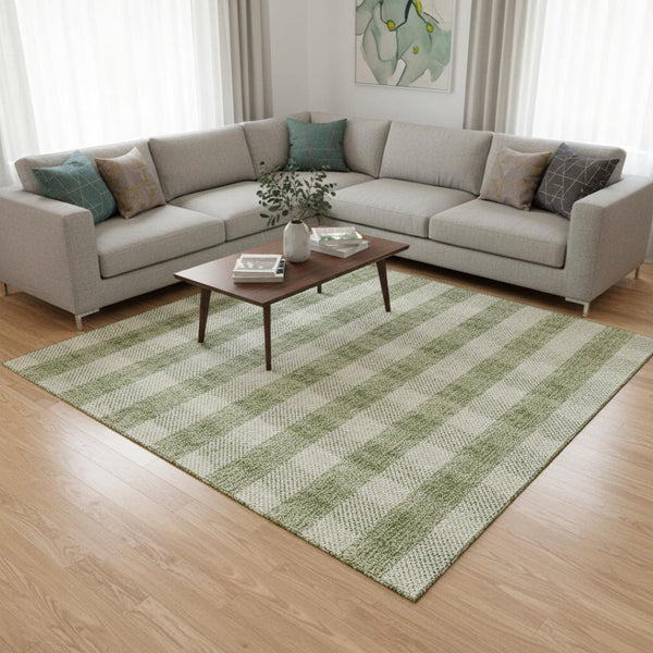 HomeRoots 8' X 10' Green and Ivory Plaid Washable Area Rug - Durable, UV-Protected, Stain-Resistant Style! 673463