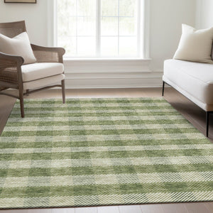 HomeRoots 8' X 10' Green and Ivory Plaid Washable Area Rug - Durable, UV-Protected, Stain-Resistant Style! 673463