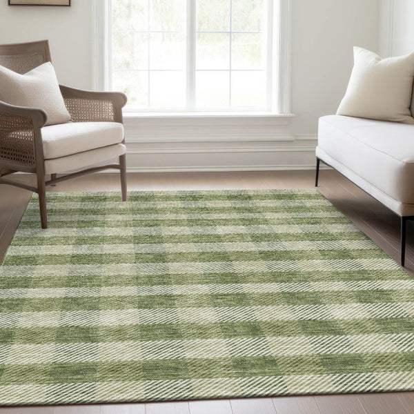 HomeRoots 8' X 10' Green and Ivory Plaid Washable Area Rug - Durable, UV-Protected, Stain-Resistant Style! 673463