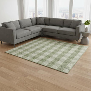 HomeRoots 9' X 12' Green & Ivory Plaid Area Rug - Durable, Washable, UV-Protected for Stylish High-Traffic Spaces 673464