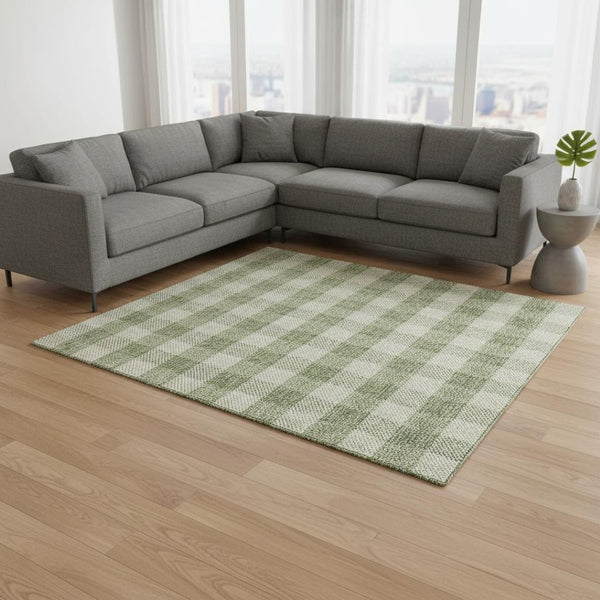 HomeRoots 9' X 12' Green & Ivory Plaid Area Rug - Durable, Washable, UV-Protected for Stylish High-Traffic Spaces 673464