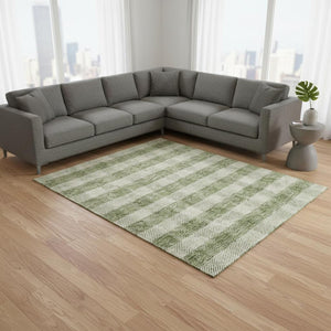 HomeRoots 10' X 14' Green And Ivory Plaid Washable Area Rug – Durable, Stain-Resistant & UV Protected Design 673465