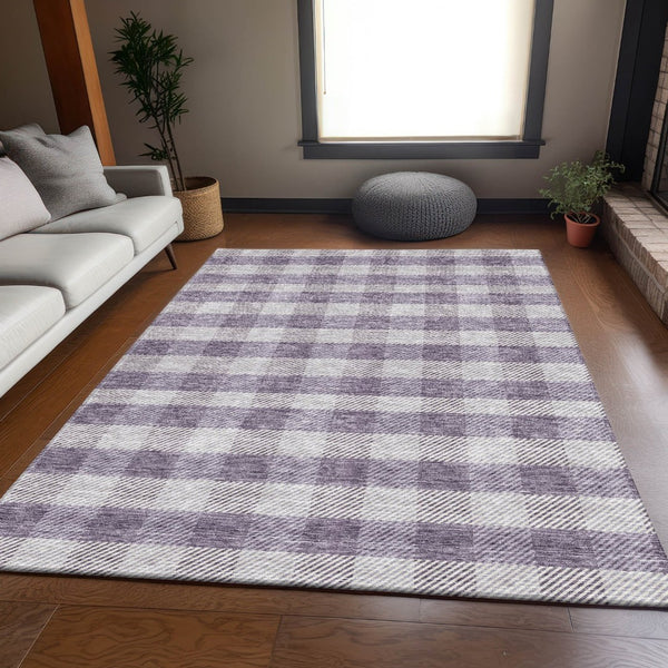 HomeRoots 5' X 8' Stylish Lavender & Ivory Plaid Washable Area Rug - Kid & Pet Friendly with UV Protection 673473