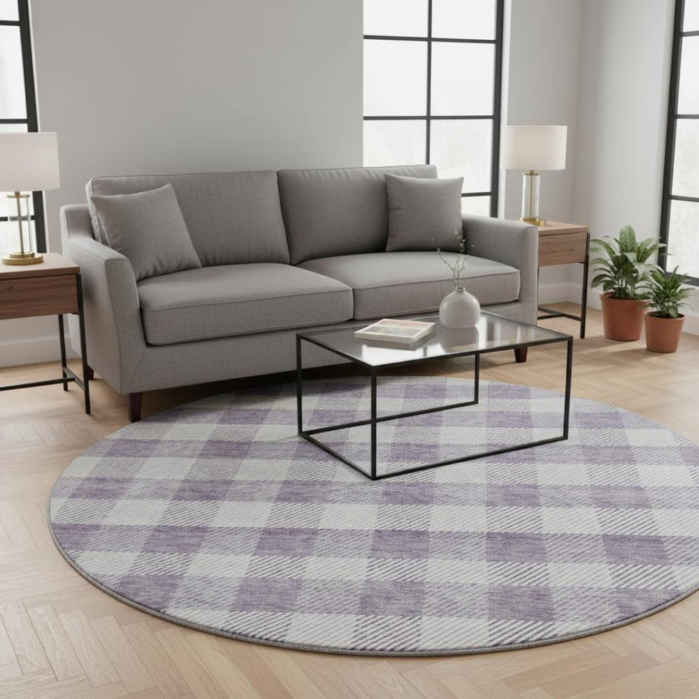 HomeRoots 8' Stylish Lavender and Ivory Plaid Washable Round Rug with UV Protection for Family-Friendly Spaces 673474